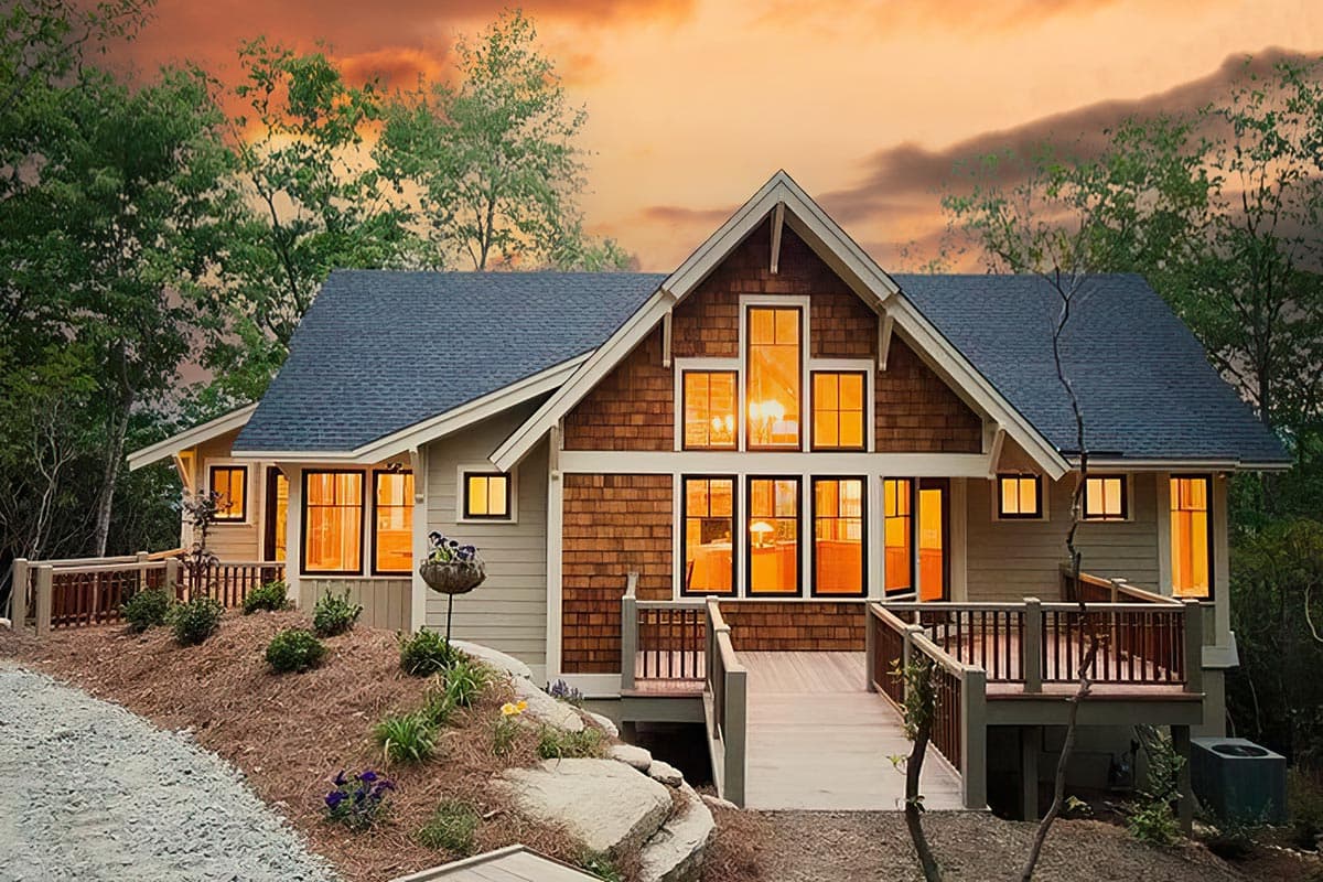 House plan exterior featuring a gabled roof, cedar shake siding, a covered deck, and a multi-story window wall.