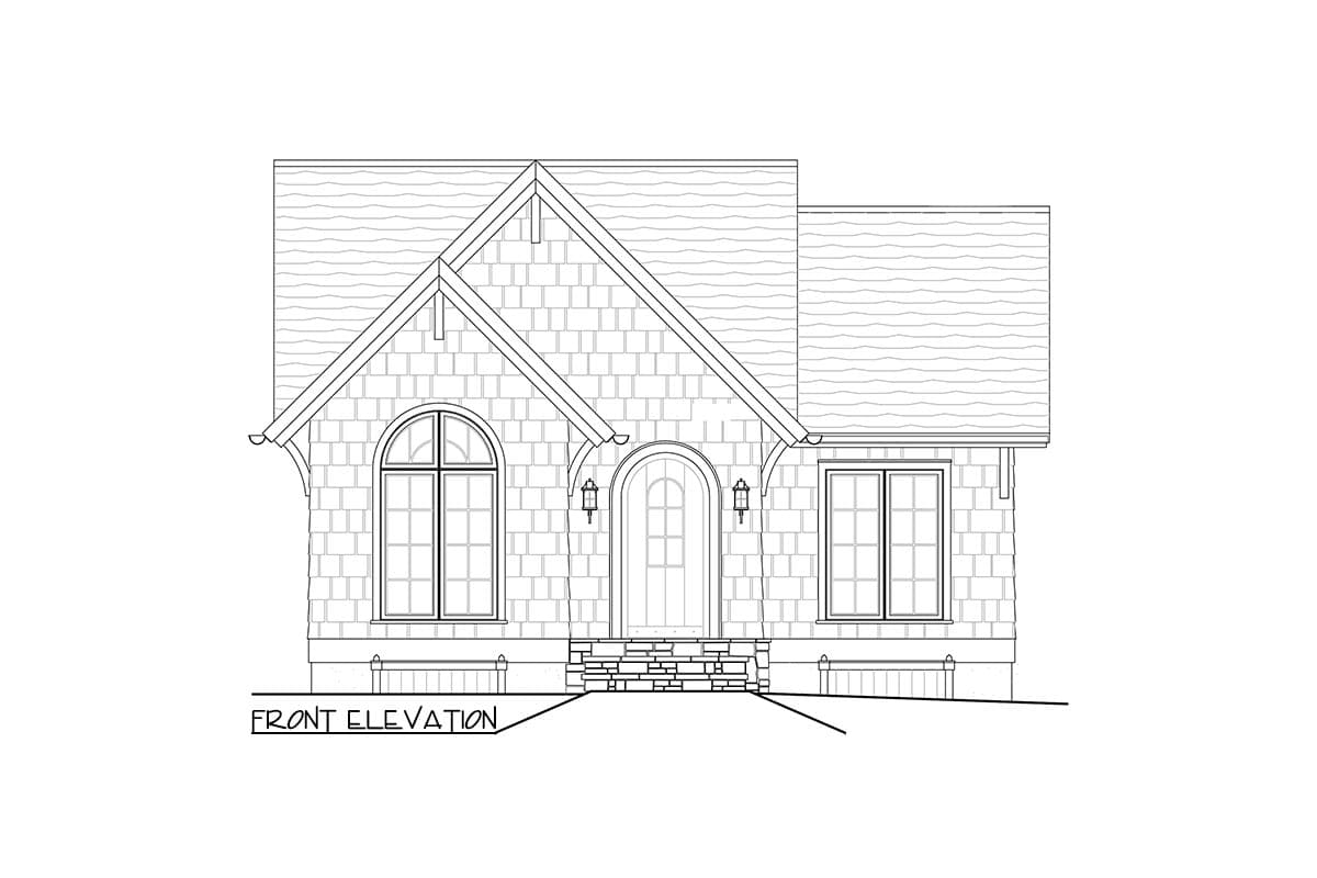 Front elevation drawing of a house plan with a prominent gable, arched entryway, and shingle siding.