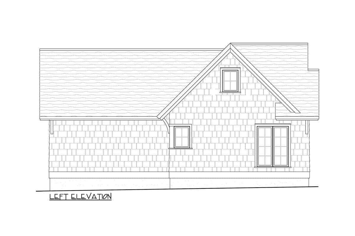 Left elevation of a house plan with shingle siding, a gable dormer, and double doors.