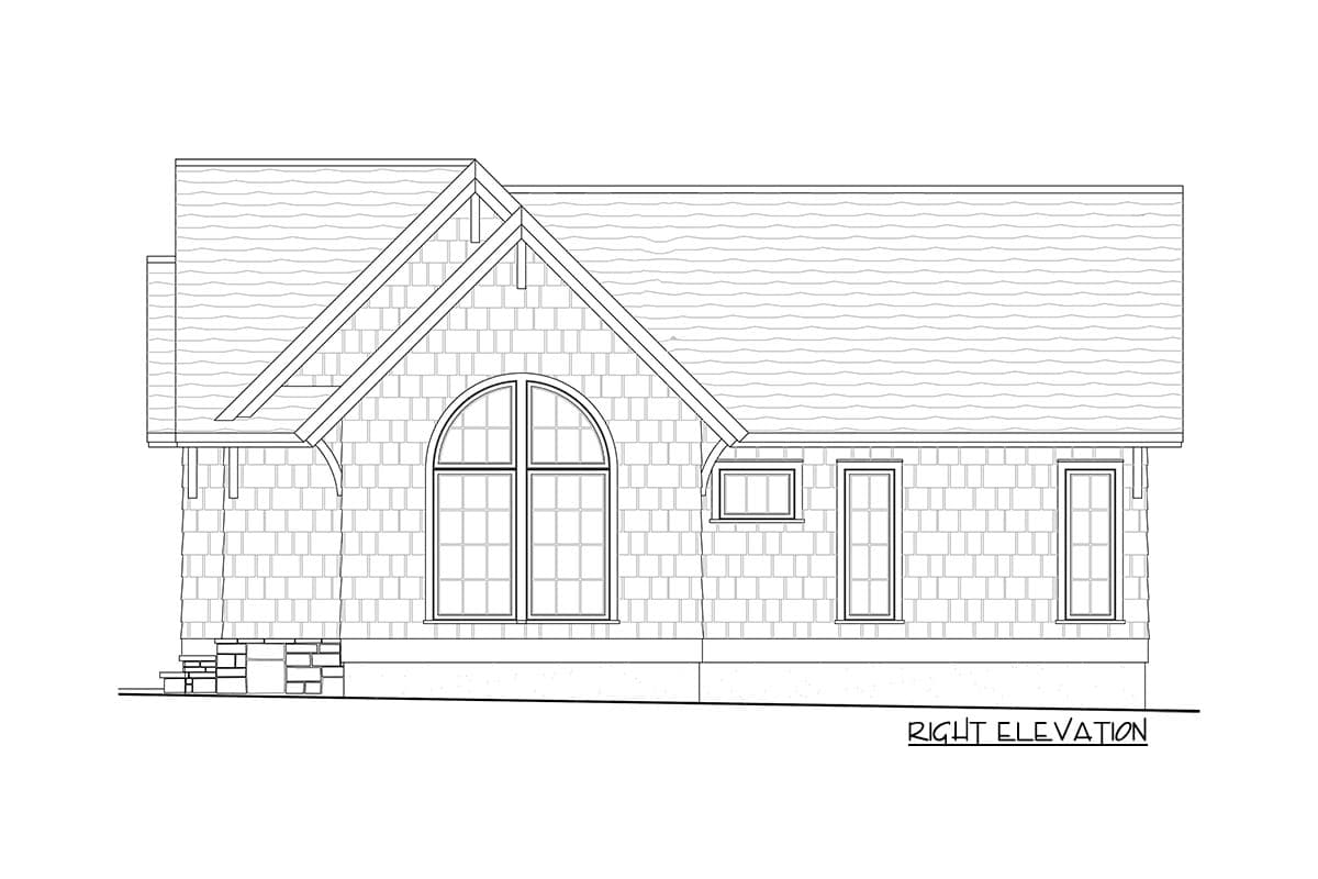 Right elevation of house plan featuring a large arched window, several rectangular windows, gable roof with decorative brackets, and shingle siding.
