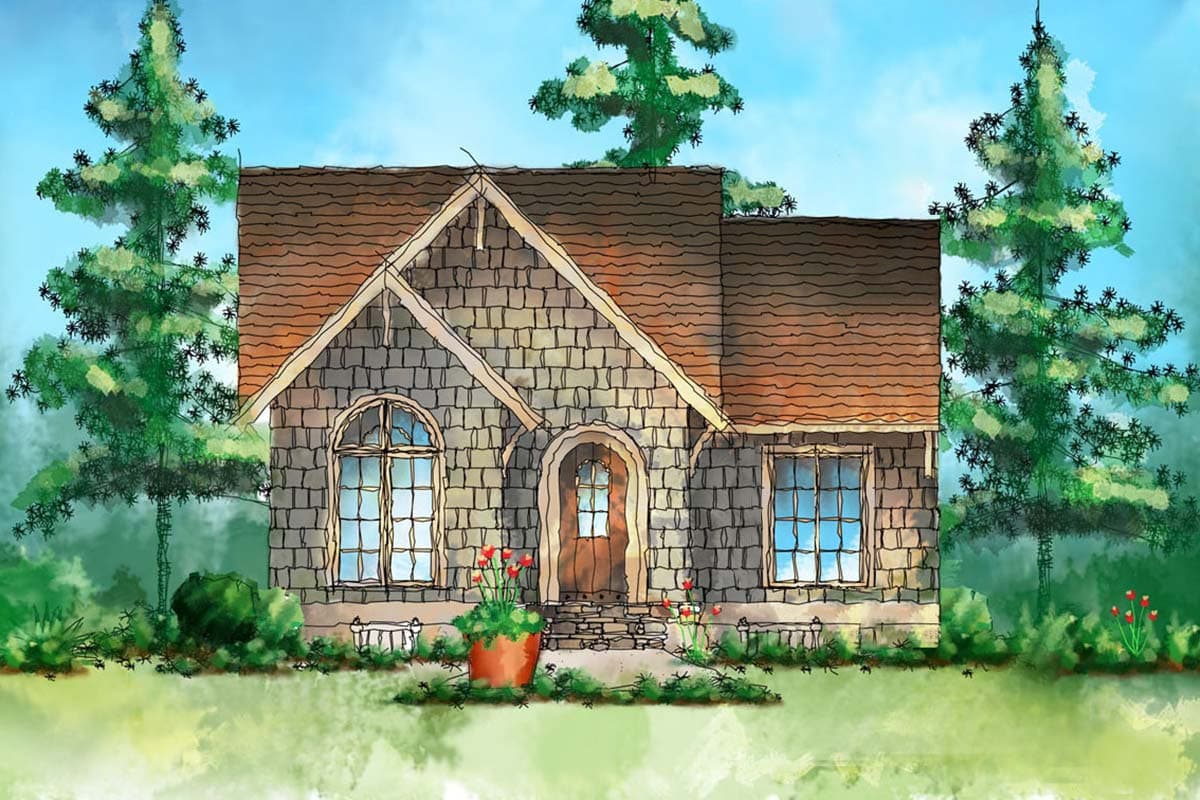 House plan exterior with stone facade, prominent gable, arched entryway, and multiple windows.