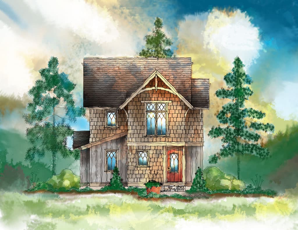 House plan exterior: two-story home with cedar shake siding, prominent gable, dormer window, and covered entry.