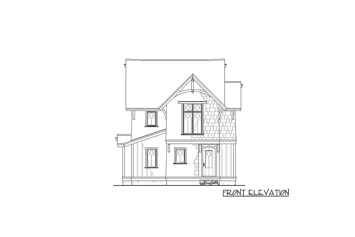 Front elevation drawing of a two-story house plan with a gabled roof, multiple dormers, and diverse siding textures.