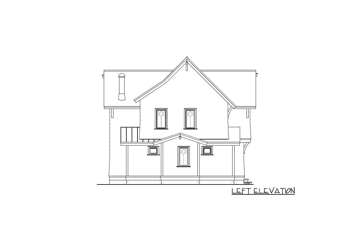 Left elevation house plan showing a two-story structure with a prominent gable, chimney, covered porch, and multiple windows.
