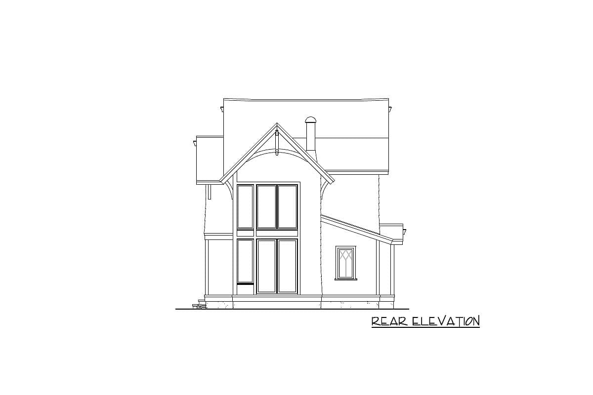 Rear elevation drawing of a house plan featuring a prominent gable, large multi-pane windows, and a smaller square window.