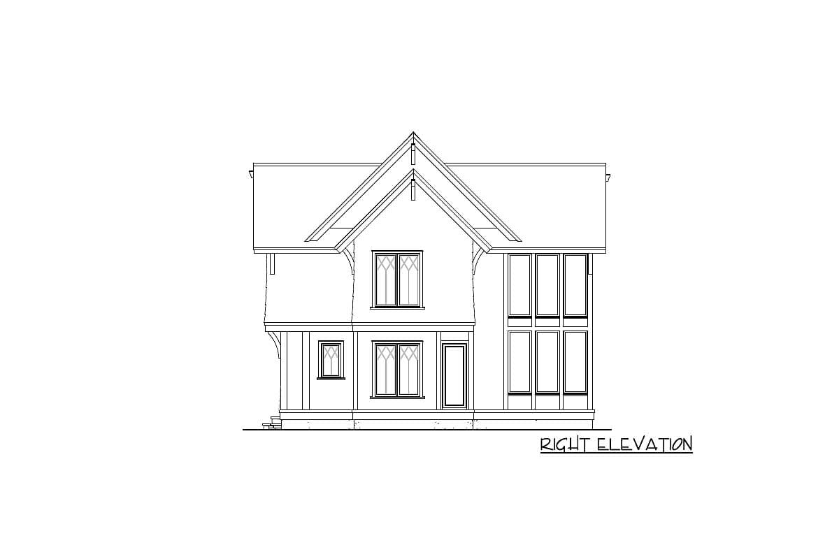 Right elevation drawing of a two-story house plan with gabled roof, multiple windows, and a covered porch.