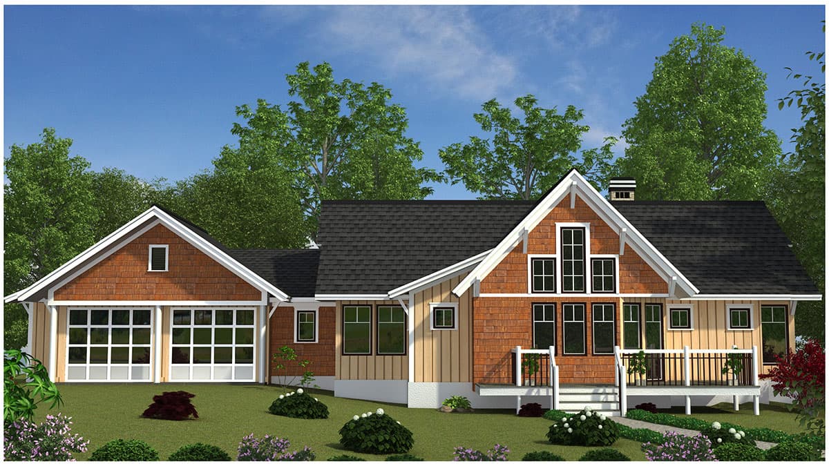 House plan exterior: One-story Modern Farmhouse with a prominent gable, two-car garage, and a covered porch.