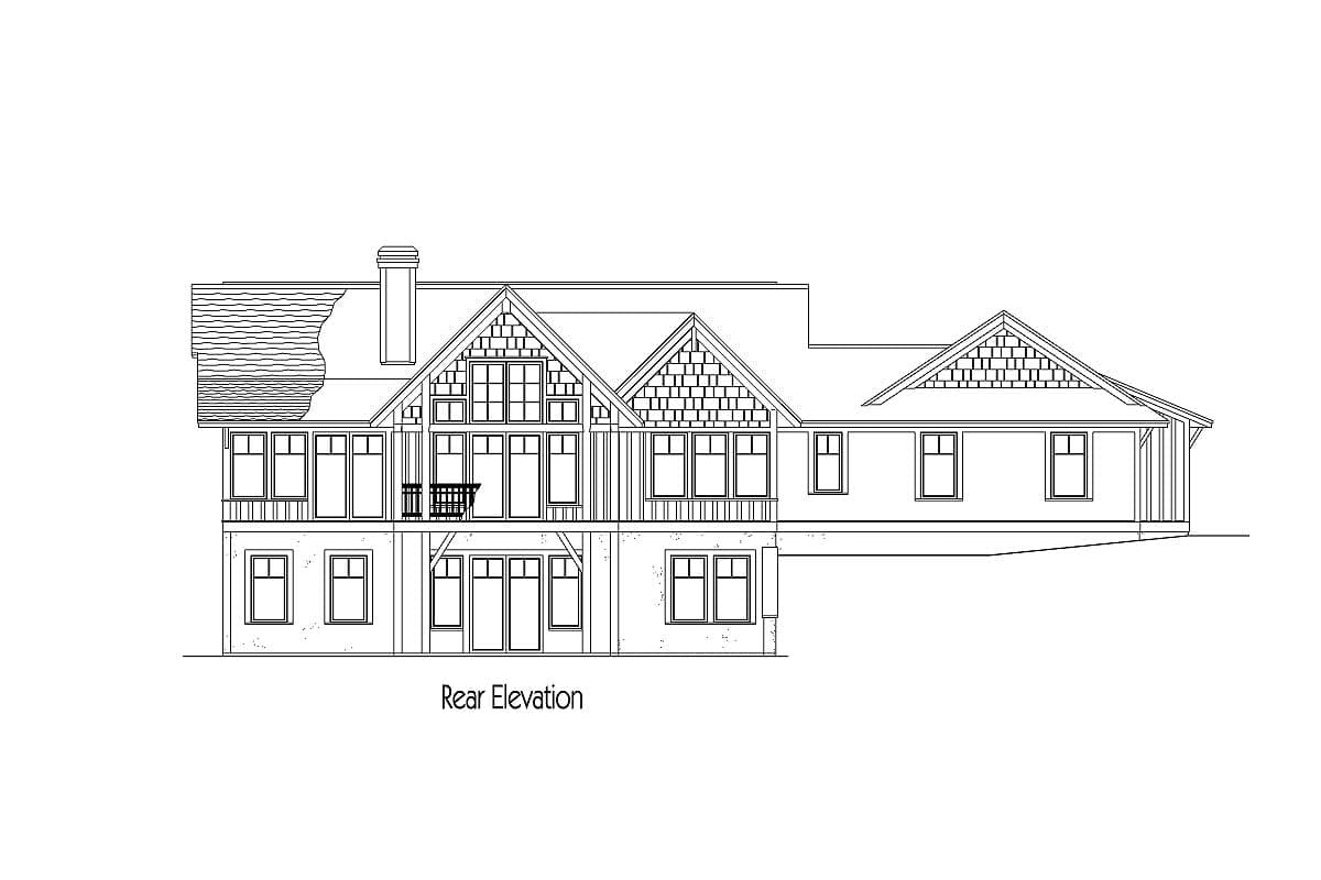 Rear elevation house plan with multiple gables, varied window styles, and a balcony.