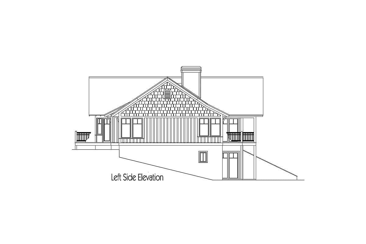 Left side elevation drawing of a two-story house with gabled roof, dormer, and covered porch.