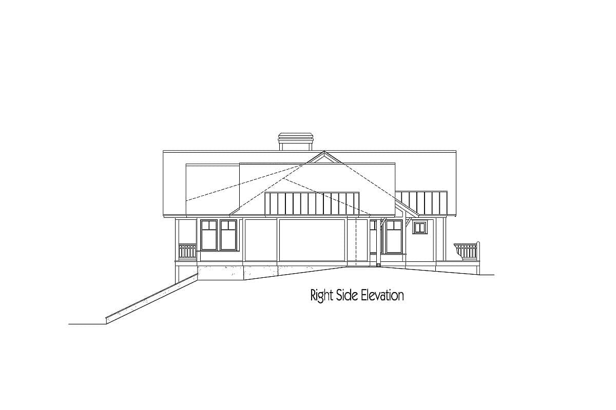 House plan right side elevation showing a multi-story structure with gables, covered porch, and dormer windows.