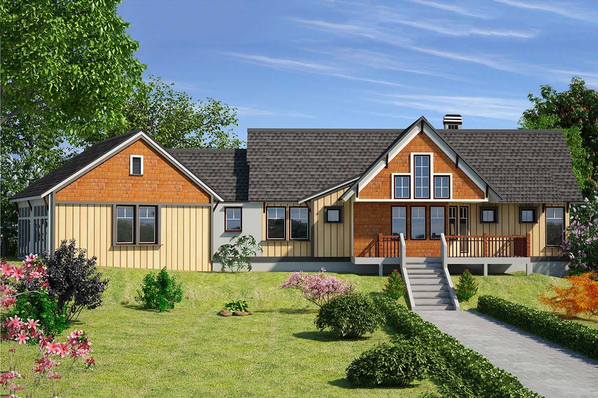 House plan exterior: Modern Farmhouse style, one-and-a-half stories, wood shingle gables, and a wrap-around porch.