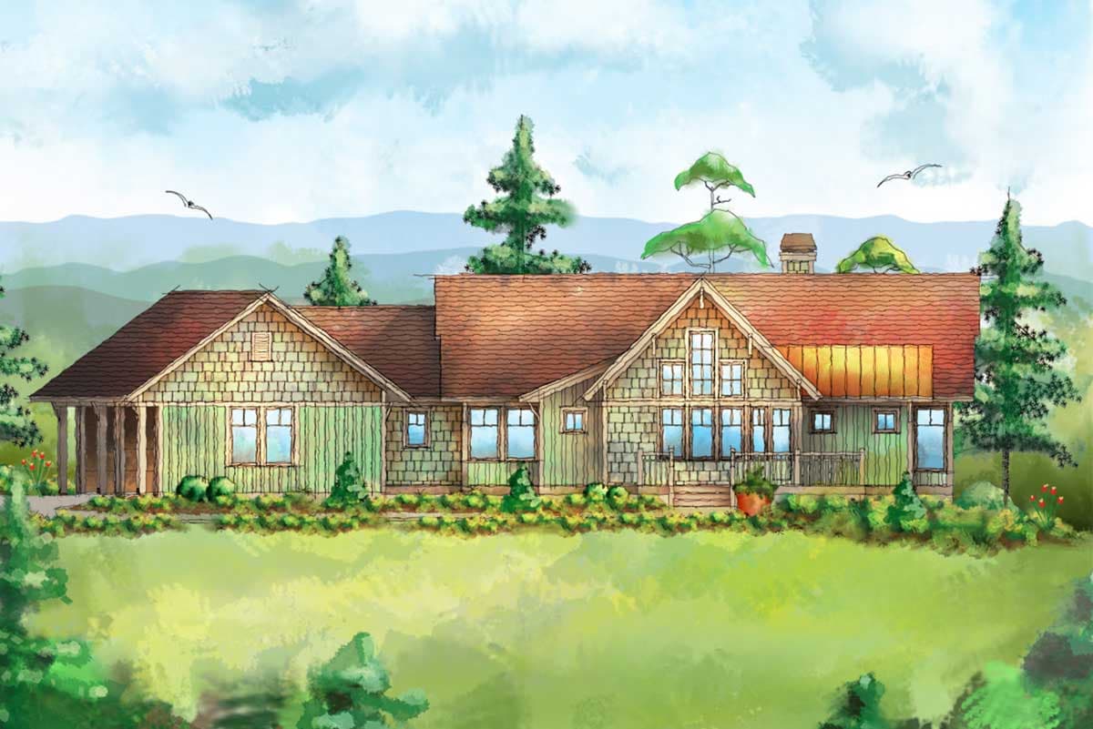 House plan exterior: Ranch style with multiple gables, cedar shingle siding, and a covered porch.