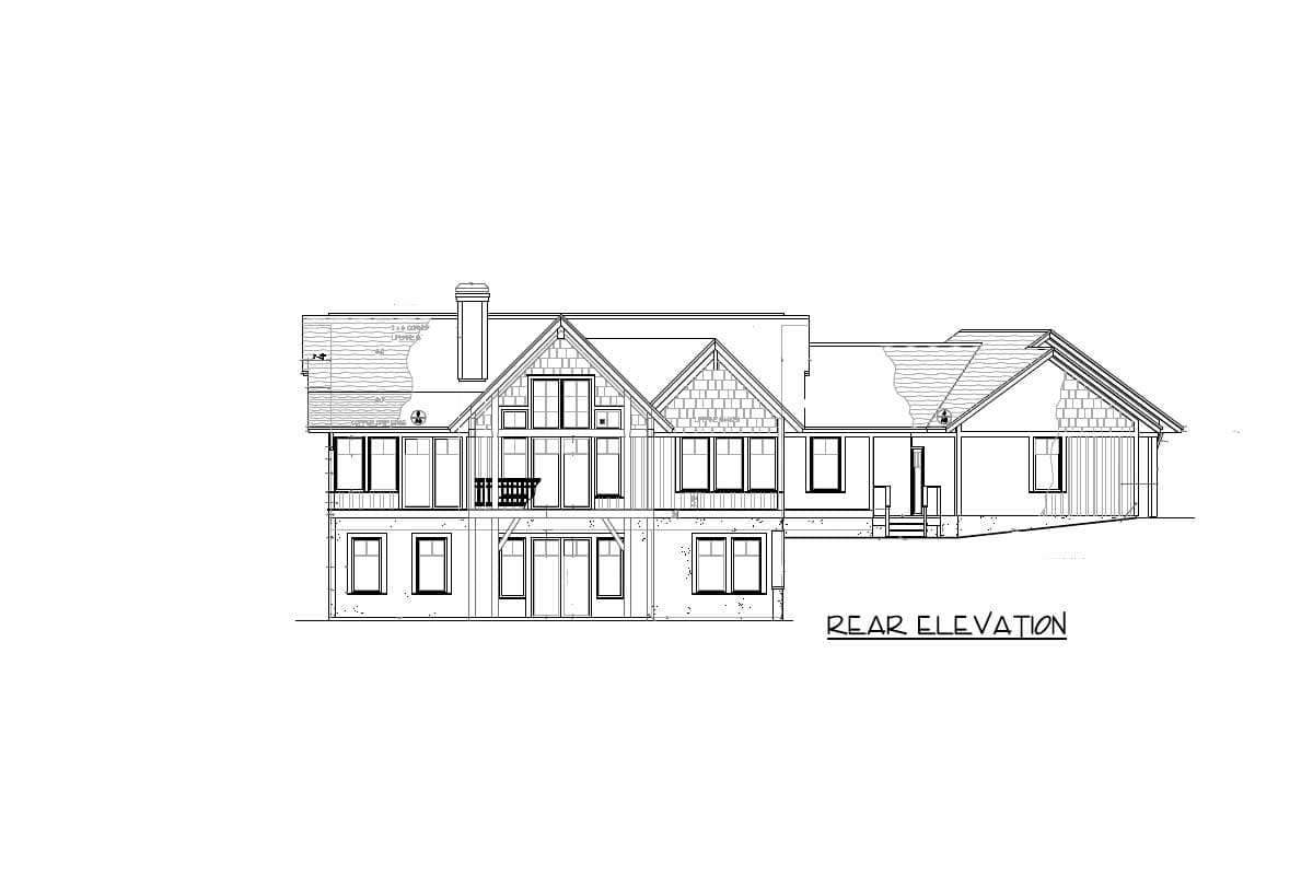 Rear elevation drawing of a multi-story house with gables, dormers, a chimney, and a balcony.