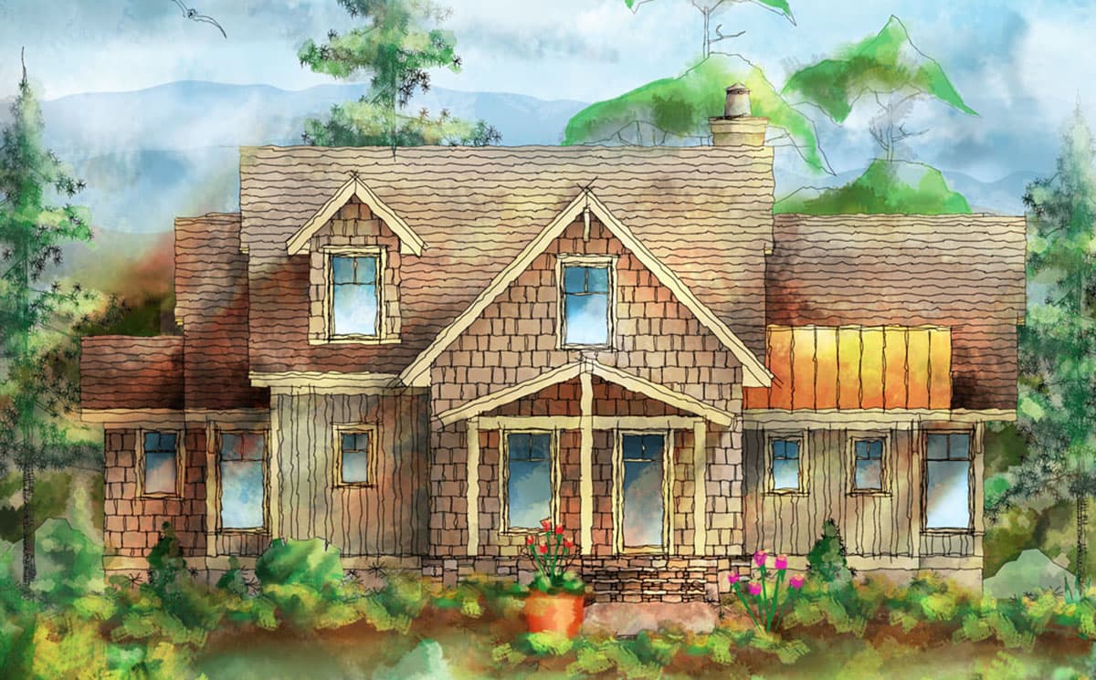 House plan exterior with shingle siding, gables, dormer windows, and a covered entry porch.