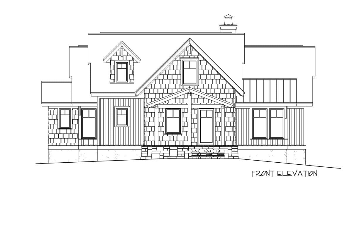 Front elevation drawing of a two-story house plan with stone and shingle exterior, gabled dormer, and covered porch.