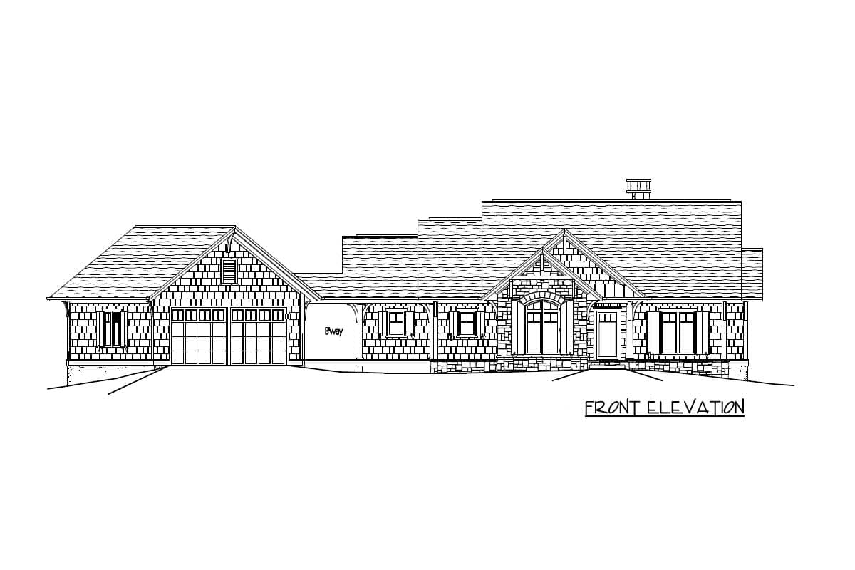 Front elevation drawing of a single-story house with a three-car garage, multiple gables, and stone and shingle exterior.
