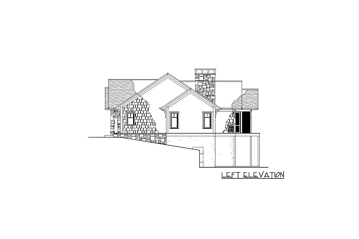 Left elevation of a house plan showing stone chimney, varied siding, gables, and foundation.