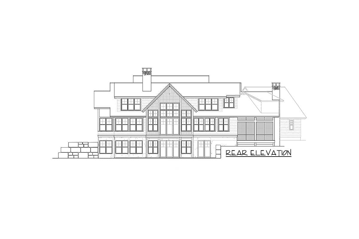 Rear elevation drawing of a multi-story house with numerous windows, gables, and a screened porch.