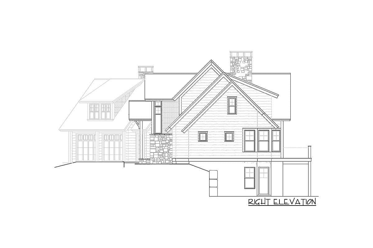 House plan right elevation with gables, dormers, stone chimney, and attached three-car garage.