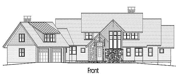 Front elevation drawing of a two-story house plan with a metal roof, dormers, gables, and a stone-clad entrance.