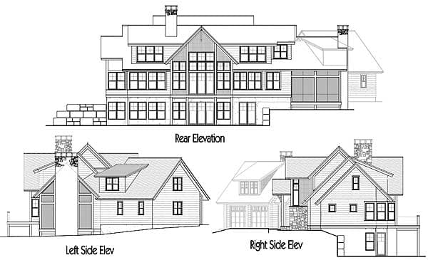 Rear, left, and right elevations for a multi-story house plan featuring gables, dormers, and varied rooflines.