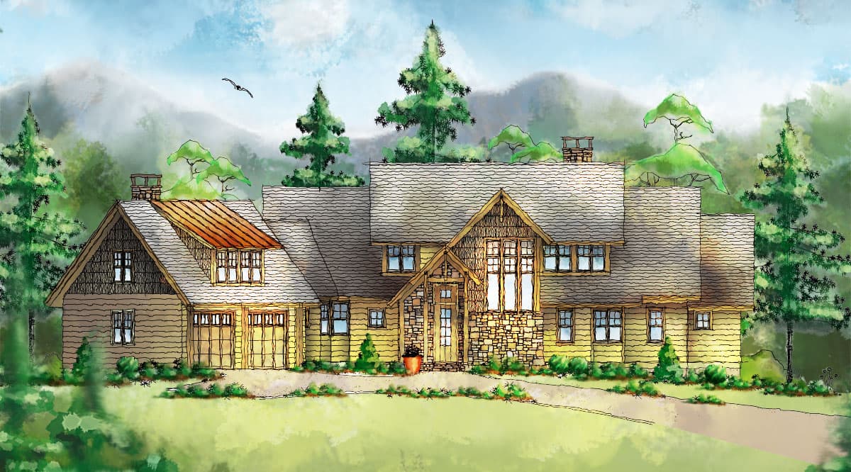 House plan exterior: A two-story mountain-style home with a metal roof dormer, stone accents, and a three-car garage.