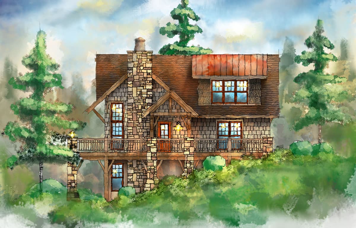 House plan exterior, two stories, stone chimney, covered porch, gables, and wood shingle siding.