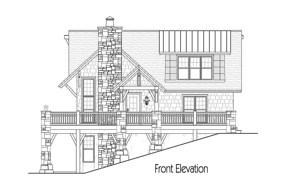 Front elevation drawing of a house plan showing a stone chimney, gabled rooflines, porch, and deck.