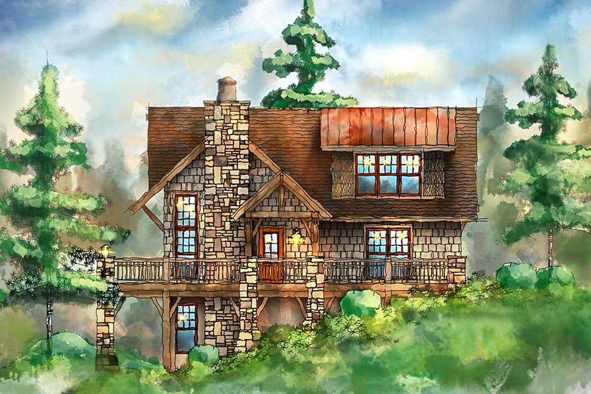 House plan exterior: Craftsman style, two-story with stone chimney, wraparound porch, and multiple gables.