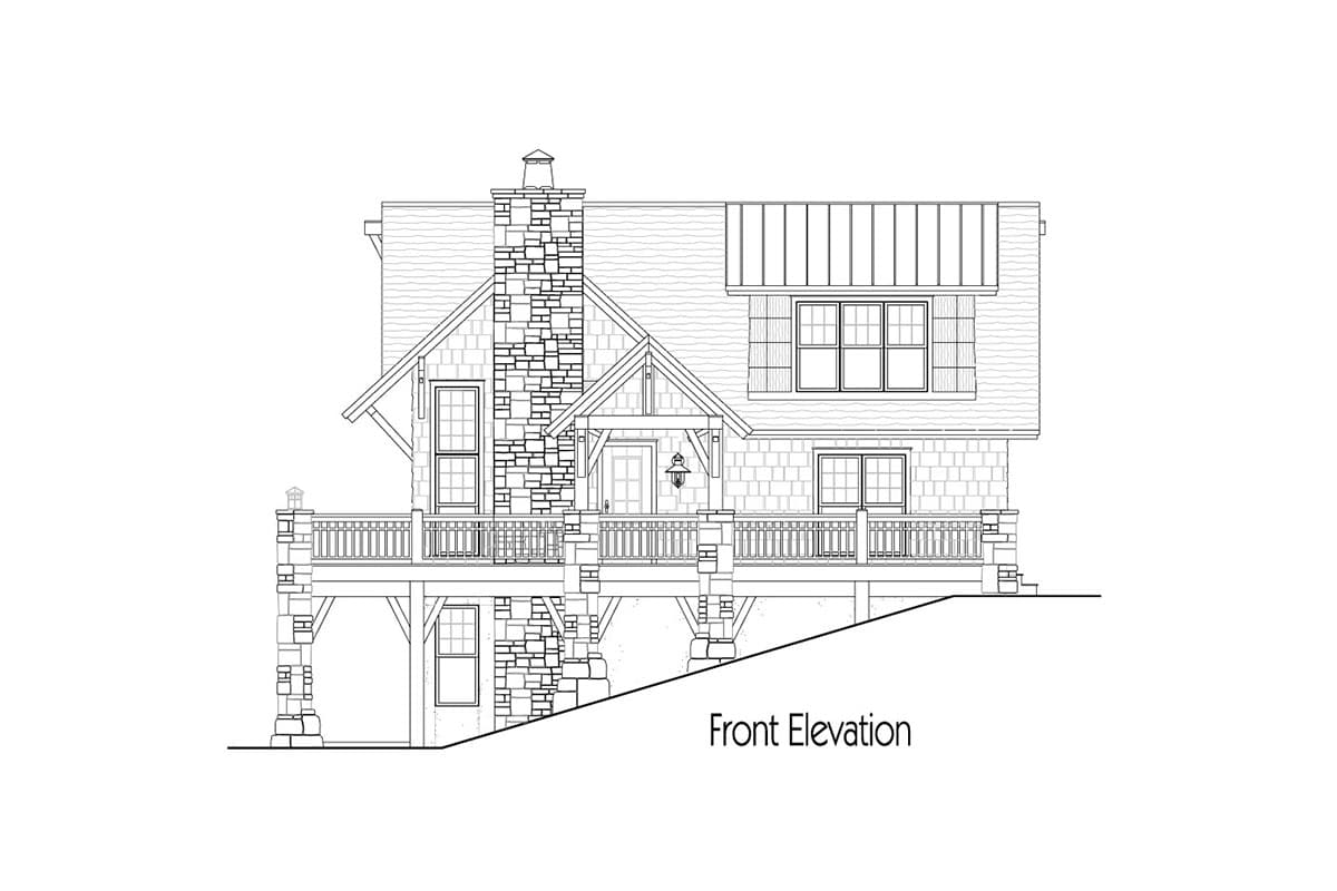 Front elevation drawing of a two-story house plan with stone chimney, covered porch, and multiple gables.