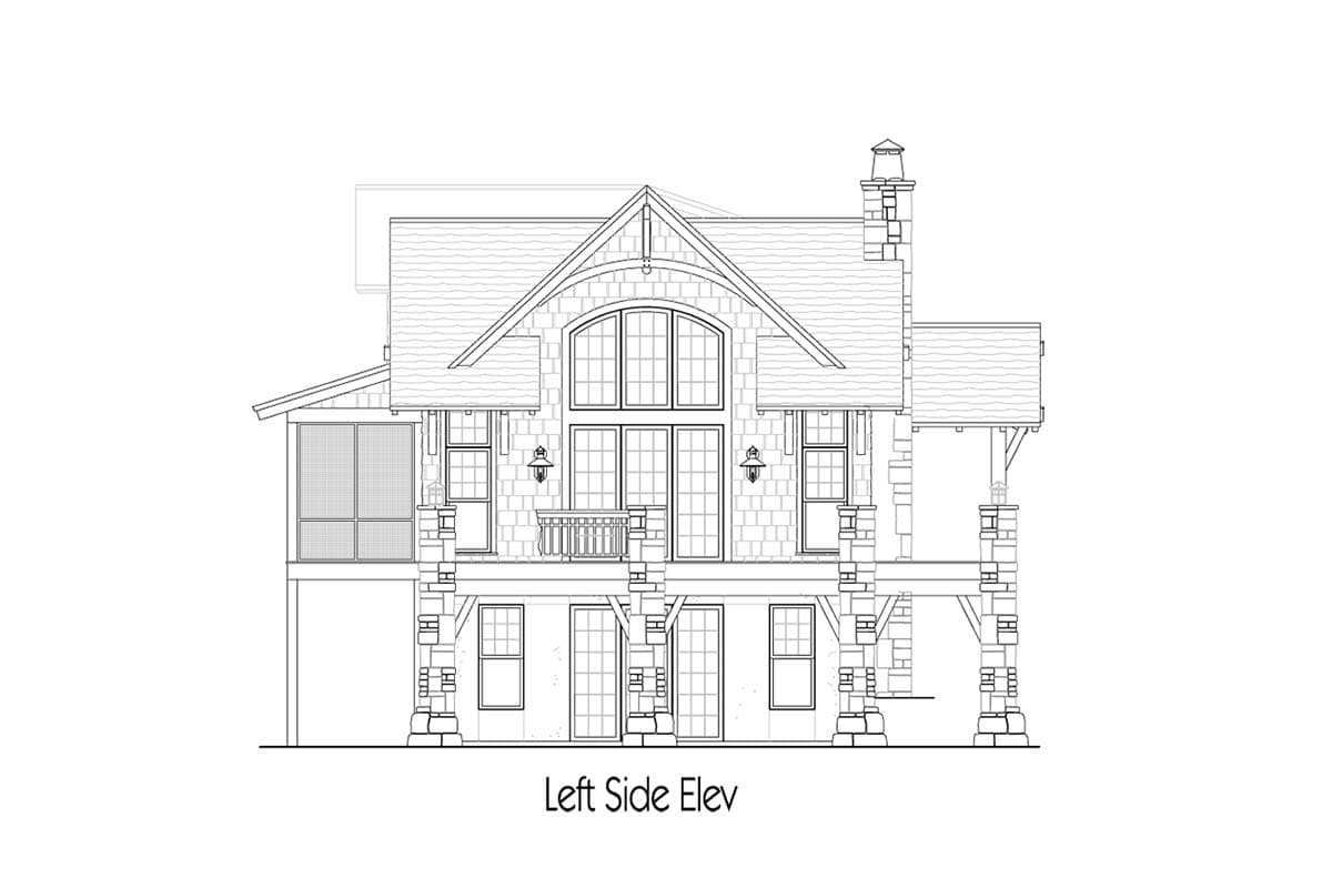 House plan left side elevation shows a multi-story home with stone accents, large arched windows, and covered porches.