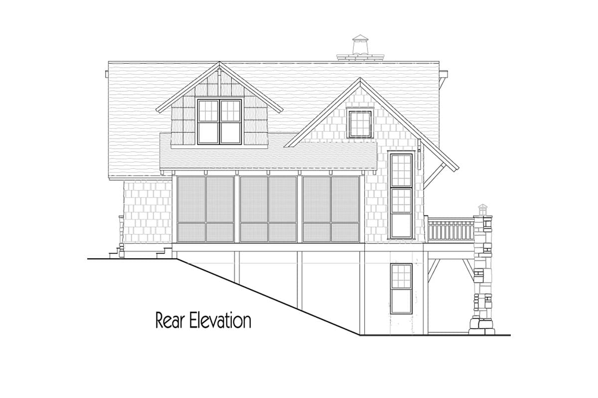 Rear elevation of a house plan showing a screened porch, dormer windows, and stone accents on a raised foundation.