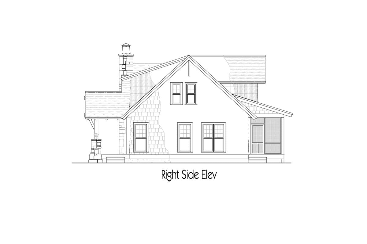 Right side elevation of a house plan showing a gabled dormer, prominent chimney, and screened porch.