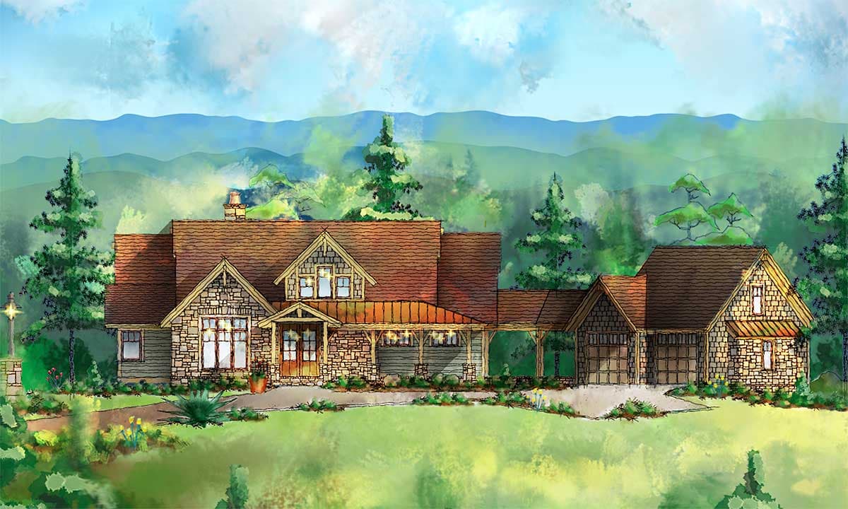 House plan exterior: Craftsman style, two-story, stone and shingle facade, covered porch, and attached three-car garage.