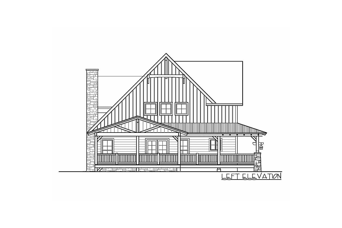 Left elevation house plan: A two-story house with a full front porch, gabled roof, and stone chimney.
