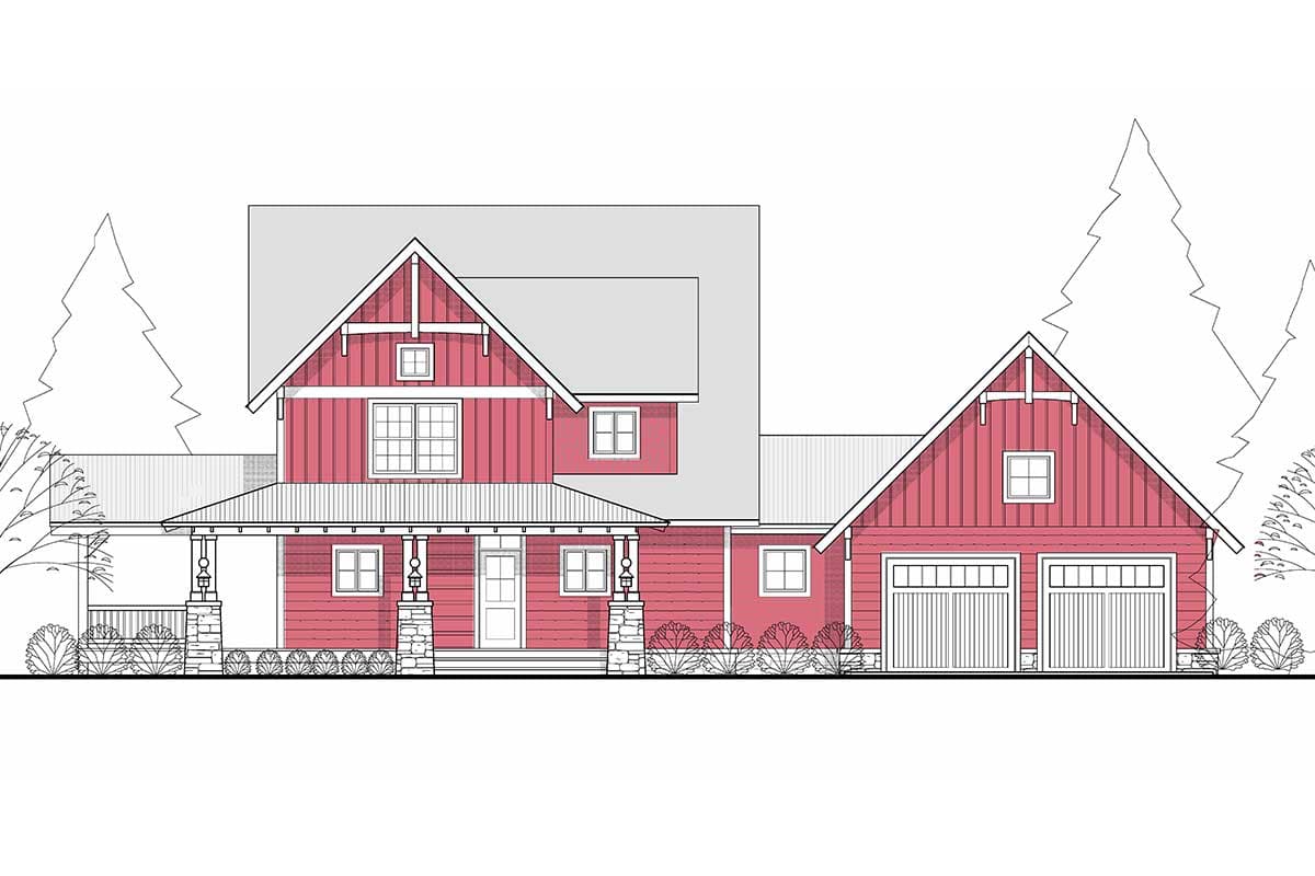 Modern Farmhouse house plan exterior with prominent gables, covered porch with stone supports, and a two-car garage.