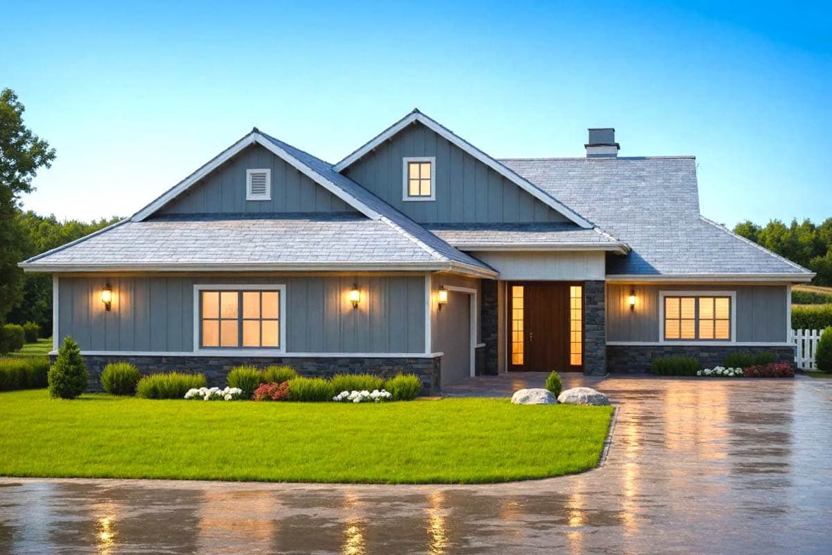 House plan exterior. One-story house with gabled roof, dormers, and stone accents. Features include an attached garage and a covered entryway.