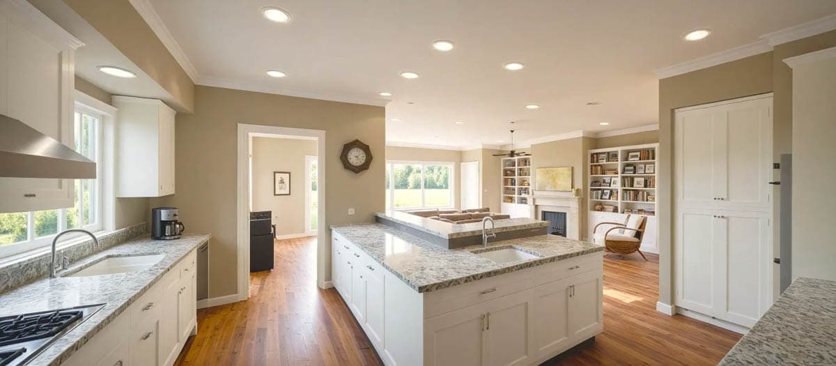 Open concept kitchen with island, granite counters, and adjacent great room featuring a fireplace and built-in bookshelves.