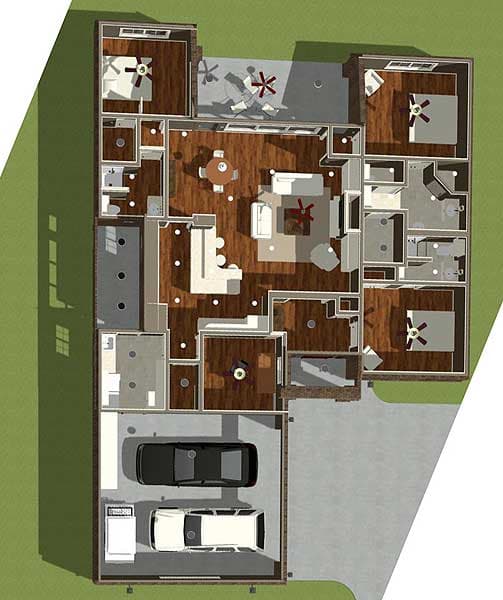 Plan 28900JJ: 3 Bed House Plan with Courtyard Entry Garage - Floor Plan - 3D View - Traditional