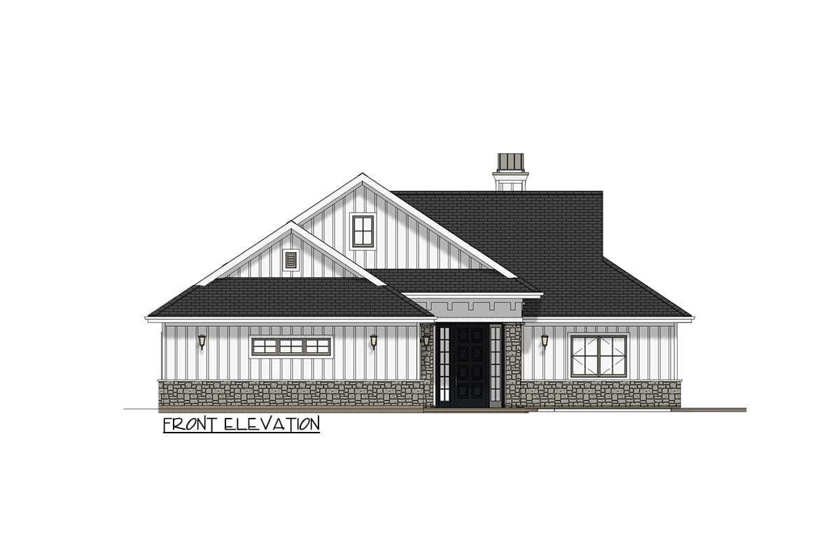 Front elevation of a Modern Farmhouse house plan. Features board and batten siding, stone base, prominent gables, and dormers.
