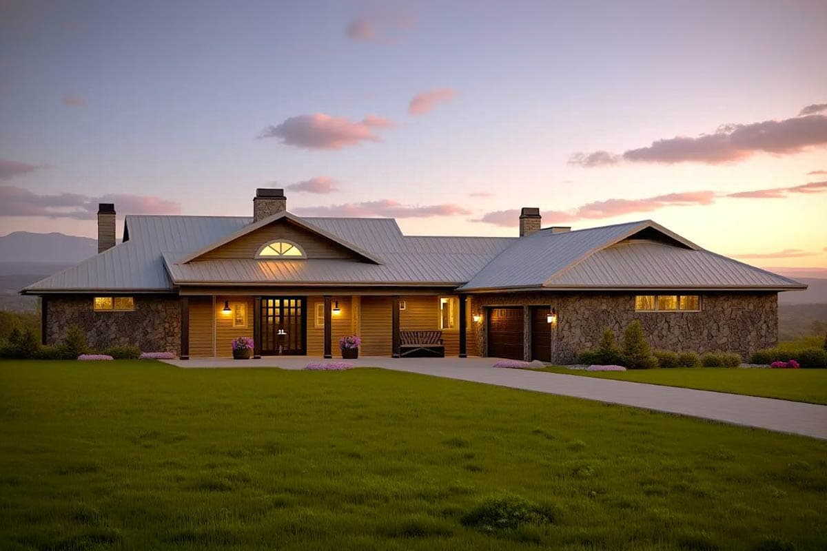 House plan exterior: Single-story Modern Farmhouse with stone and wood siding, metal roof, covered porch, and attached garage.