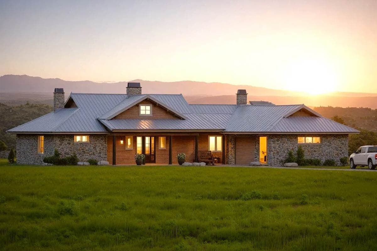 House plan exterior: Single-story modern farmhouse with stone and wood facade, metal roof, covered porch, and two stone chimneys.