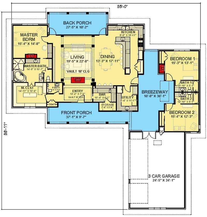 Plan 28902JJ: Country Ranch House Plan with Two Porches and a Breezeway - Floor Plan - Main Level - Country, Craftsman, Farmhouse, Hill Country, Ranch, Rustic, Southern, Traditional