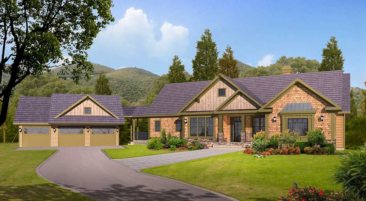 House plan exterior: Ranch style with a three-car garage, covered front porch, stone accents, and multiple gables.