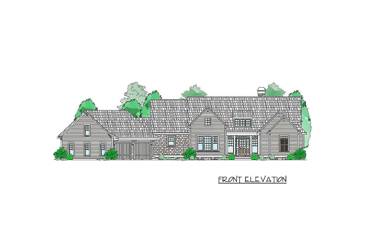Front elevation house plan showing a multi-story home with a covered entry, gables, and a detached garage.