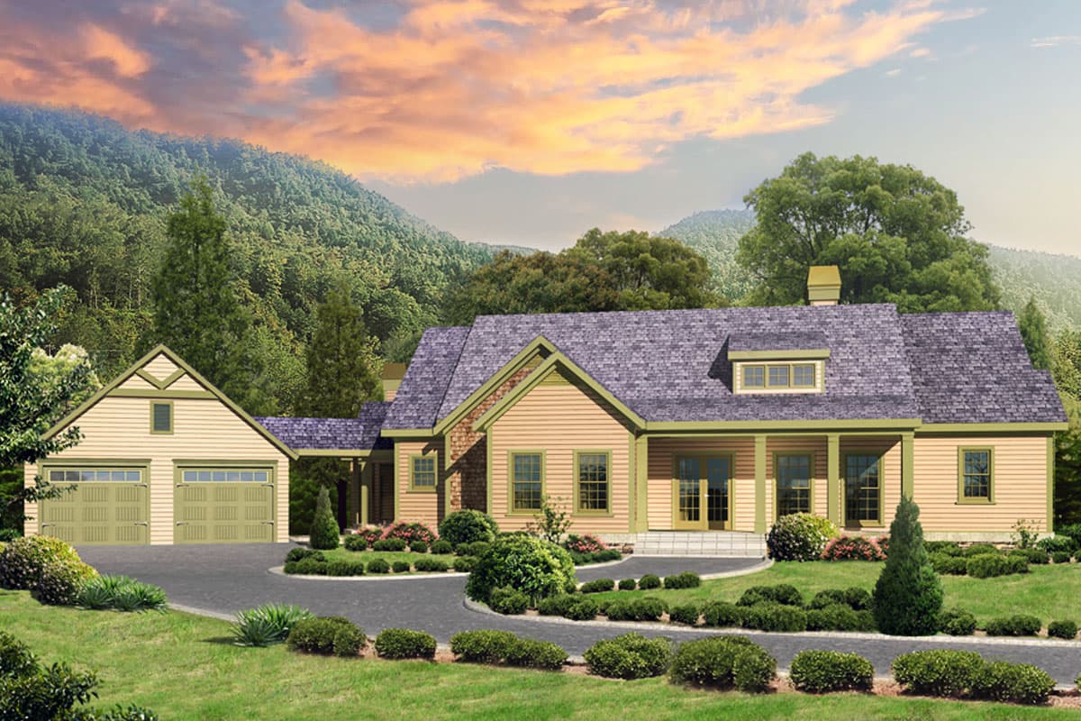 House plan exterior featuring Craftsman-style elements, with a detached garage, gables, and a front porch. One-story home with a dark gray roof.