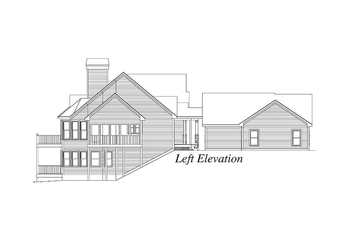 Left elevation house plan with multiple gables, covered porch, and attached garage.