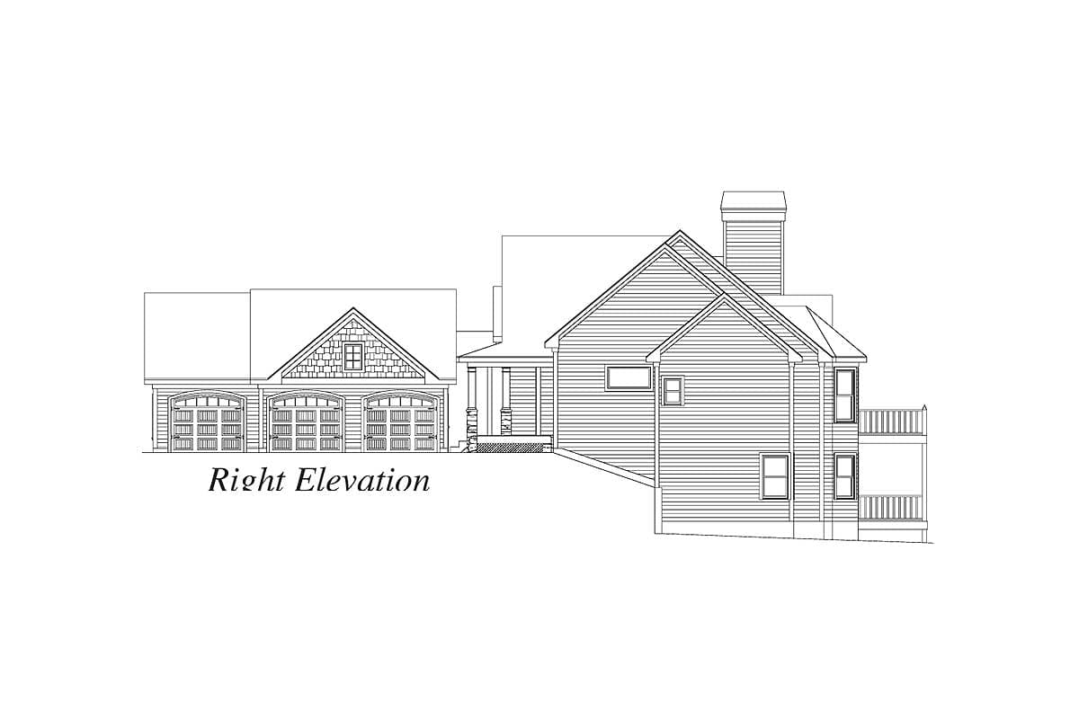 Right elevation drawing of a house with a three-car garage, gabled dormer, and rear balcony.