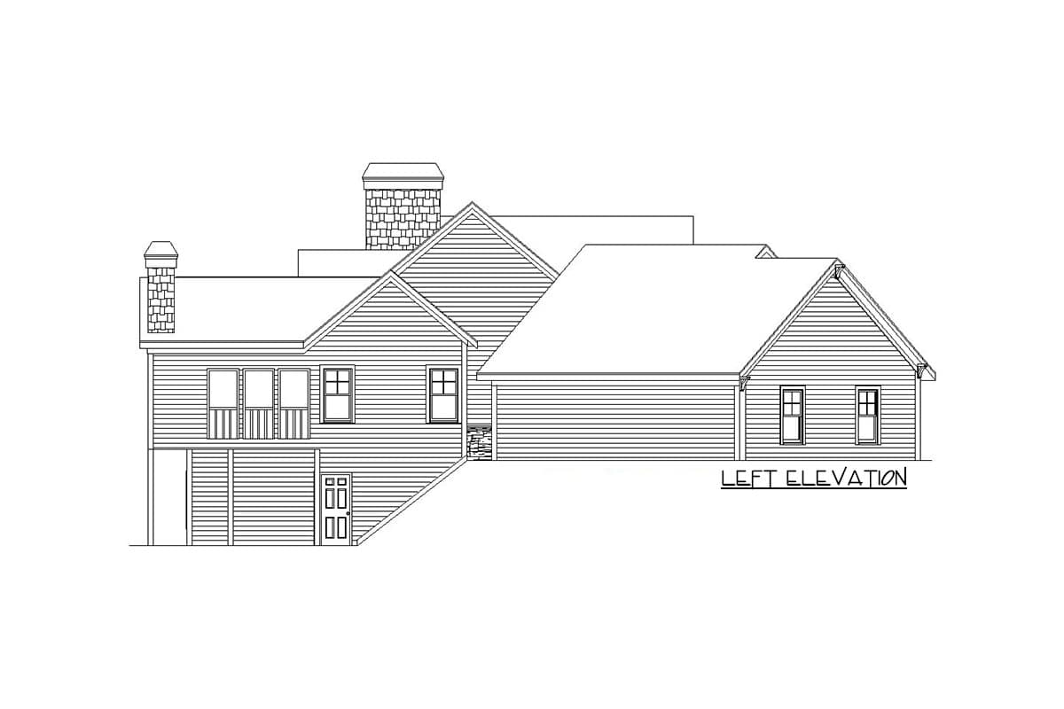 Left elevation drawing of a house plan showing multiple gables, chimneys, and a balcony.