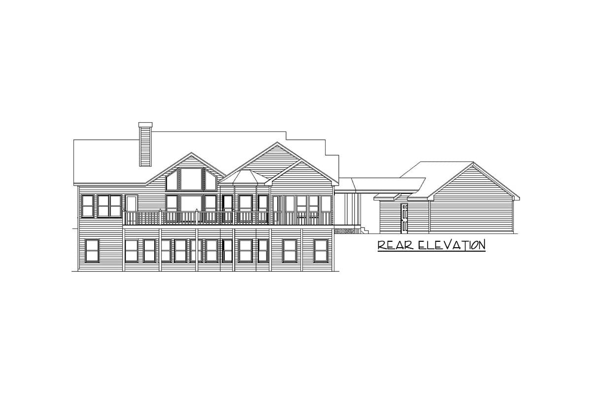Rear elevation drawing of a multi-story house with a prominent chimney, multiple gables, and a detached garage.